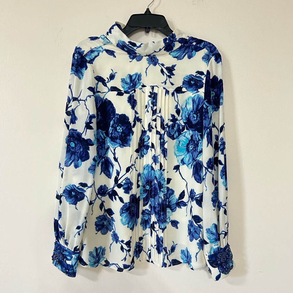 Tory Burch Floral Blue and White Silk Top